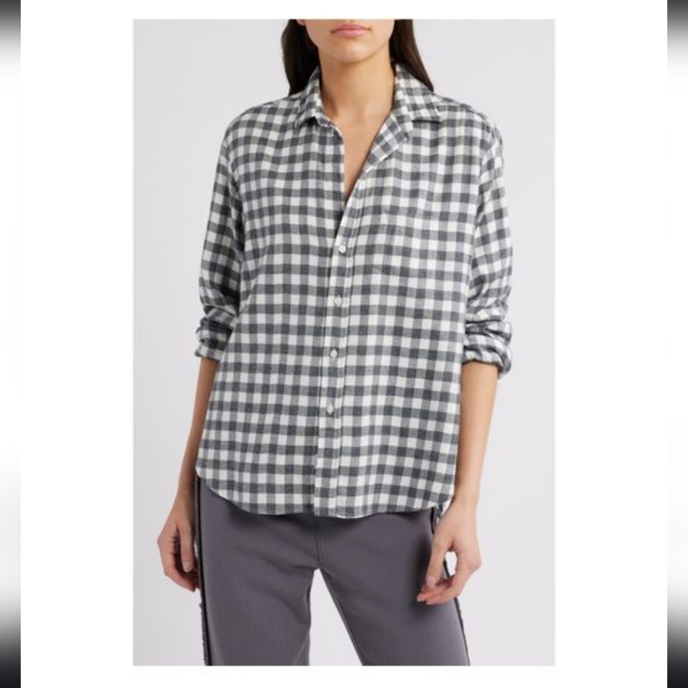 Frank & Eileen Women's Small Grey and White Relaxed Button-Up Checkered Shirt